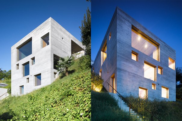 Архитектурная студия Wespi de Meuron выполнила дизайн частного дома из бетона на крутом склоне в Швейцарии для двух человек и их гостей.