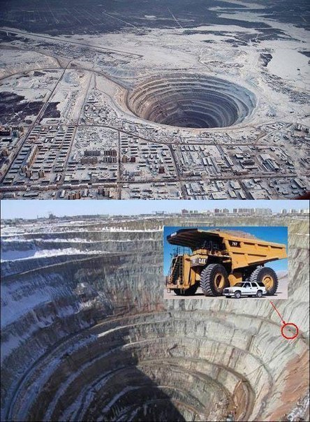 Самый большой алмазный карьер (шахта открытого типа по добыче алмазов) находится в Якутии в городе Мирный. Его глубина 525 м, диаметр 1200 м.