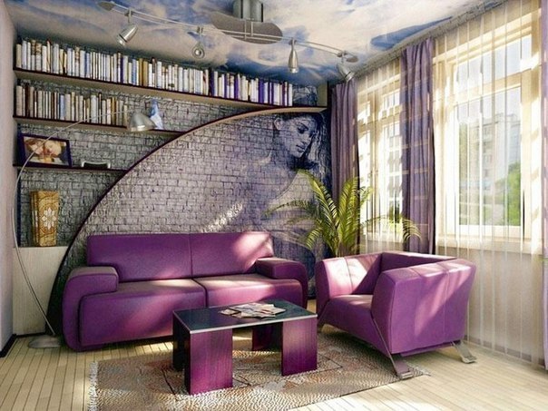 Красивый интерьер гостиной в фиолетовом цвете.