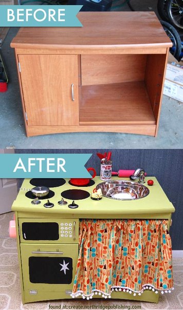 Если у вас есть старая тумбочка и любимая дочка, которая мечтает о собственной кухонной мебели, то эта идея для вас!