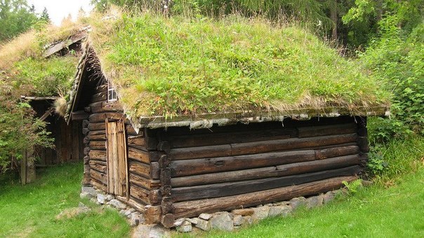 Норвежские дома с зелеными крышами