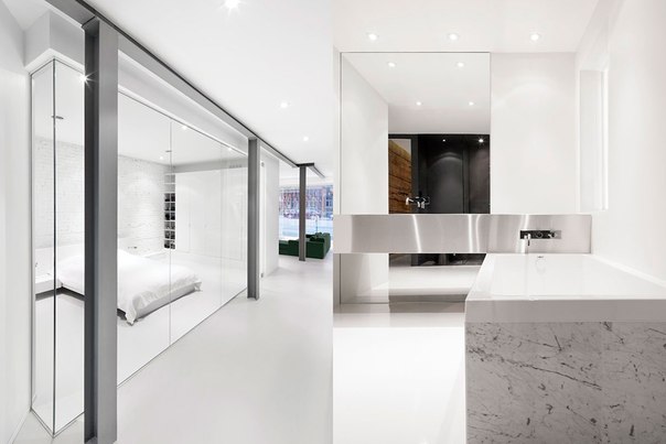 Студия Anne Sophie Goneau выполнила современный дизайн квартиры 119 м² Espace St-Denis на первом этаже триплекса в Монреале, Канада. В дизайне интерьера использован контраст грубых кирпичных и деревянных поверхностей с современными черными глянцевыми, белыми и стеклянными элементами.