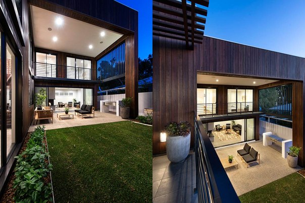 Архитектурная студия Residential Attitudes выполнила дизайн современного частного дома с большим внутренним двориком. В дизайне дома использовано коричневое дерево и камень, а также метал и бетон.