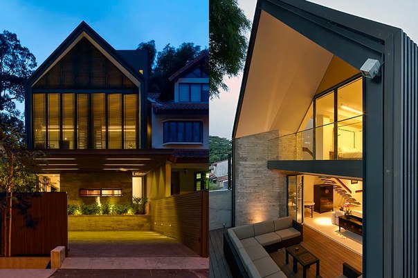 Сингапурская архитектурная студия ONG&ONG выполнила дизайн современного двухэтажного частного дома Y-House с мансардой и стеклянными фасадами.