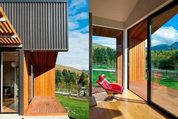Архитектурная студия Kerr Ritchie выполнила дизайн одноэтажного загородного дома в Отаго, Новая Зеландия, посреди волнистого горного ландшафта. Планировка выполнена в два крыла, где находятся гостиная и спальня. Дизайн является ответом на топологию участка со склоном, предоставляя панорамный вид с северной стороны.