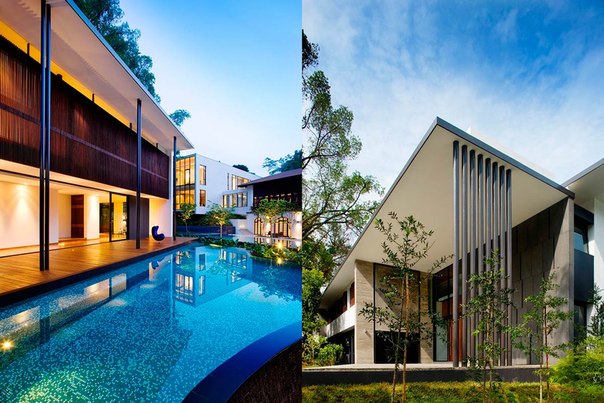 Архитектурная студия K2LD выполнила дизайн частного дома в Сингапуре. По словам архитектора здесь они в первый раз сделали что-то не прямолинейное. Начав разработку с Г-образного плана дизайнеры решили смягчить геометрию учитывая ландшафт участка и соседские дома.