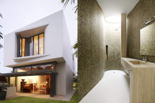 Архитектурная студия Hyla выполнила дизайн двухквартирного частного дома Acoustic Alchemy в Сингапуре. Гостиная, столовая и кухня спланированы в виде одного большого пространства с аудио-видео развлечениями и раздвижными дверьми с двойным стеклом, для хорошей звукоизоляции. Две боковые стены специально сделаны сужающимися к задней части дома для обеспечения лучших акустических свойств и расположения звукового оборудования в широкой части. Перед домом обустроена открытая терраса с бассейном. На втором этаже окна спальни утоплены в изогнутых стенах выступающих из фасада. Просвет на крыше и стеклянный пол на втором этаже пропускает свет в гостиную первого этажа. На плоской крыше есть специальный слой изолирующий дом от чрезмерного тепла.