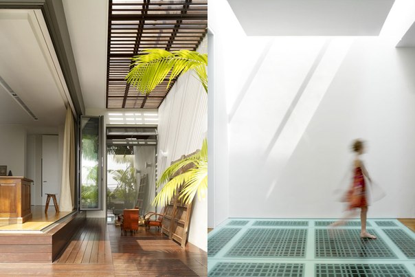 Архитектурная студия Hyla выполнила дизайн двухквартирного частного дома Acoustic Alchemy в Сингапуре. Гостиная, столовая и кухня спланированы в виде одного большого пространства с аудио-видео развлечениями и раздвижными дверьми с двойным стеклом, для хорошей звукоизоляции. Две боковые стены специально сделаны сужающимися к задней части дома для обеспечения лучших акустических свойств и расположения звукового оборудования в широкой части. Перед домом обустроена открытая терраса с бассейном. На втором этаже окна спальни утоплены в изогнутых стенах выступающих из фасада. Просвет на крыше и стеклянный пол на втором этаже пропускает свет в гостиную первого этажа. На плоской крыше есть специальный слой изолирующий дом от чрезмерного тепла.